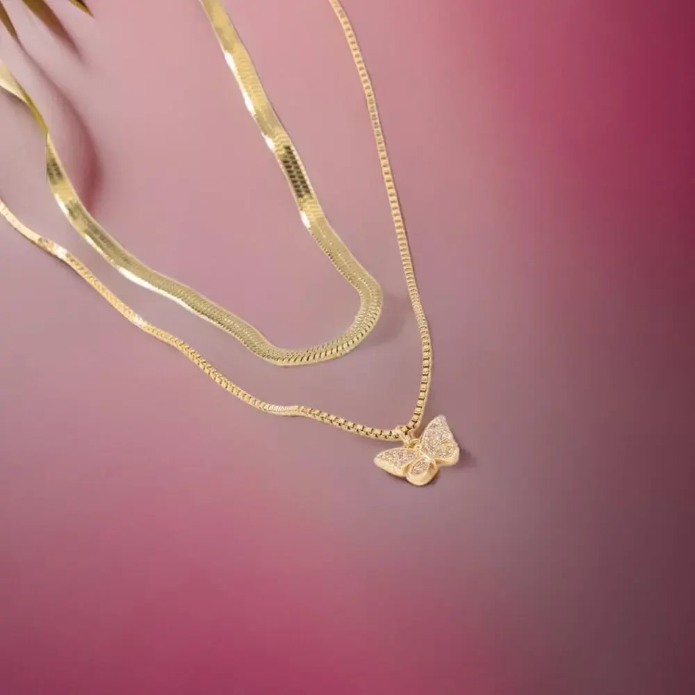 Butterfly Layered Necklace in Gold